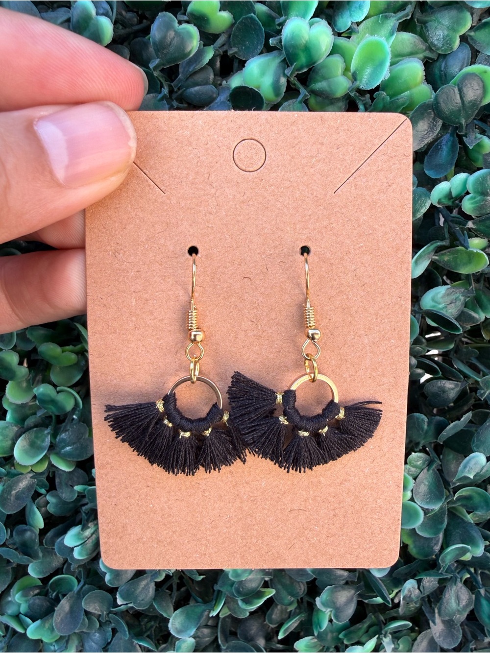 Hand Crafted Black Fan Tassel Earrings with Gold Rings